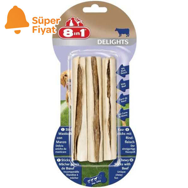 8in1 Delights Bones Biftekli Ağız Bakım Destekli Köpek Ödül Çubuğu 75 g (3'lü Paket) - 1