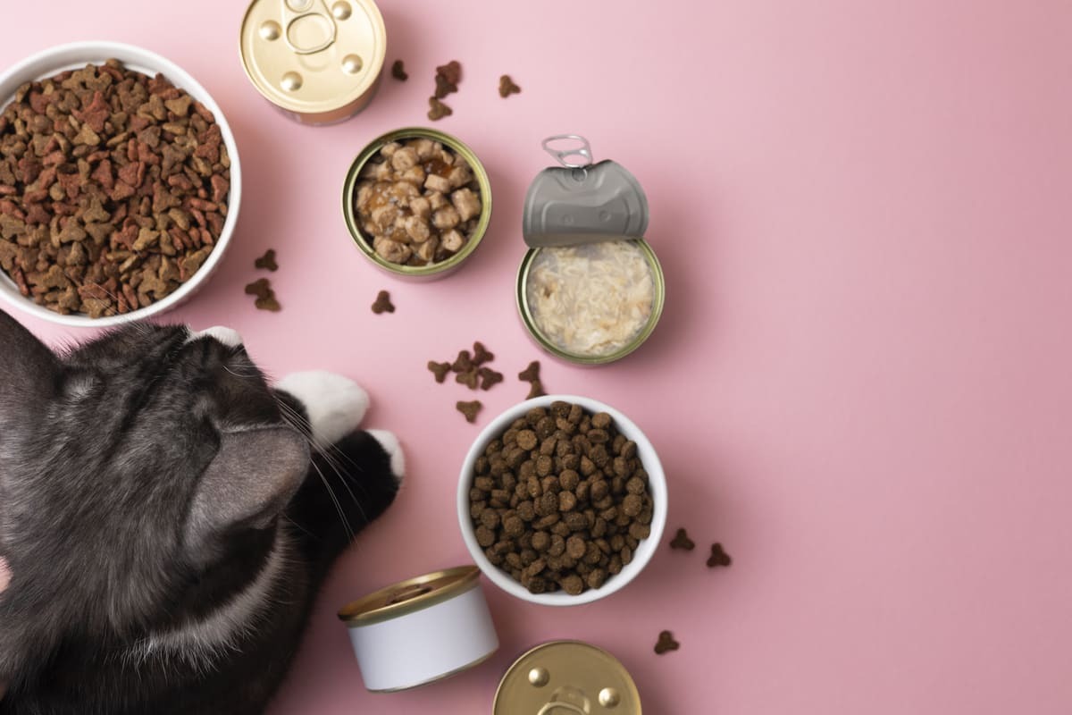 yaş ve kuru mama tabaklarına bakan kedi