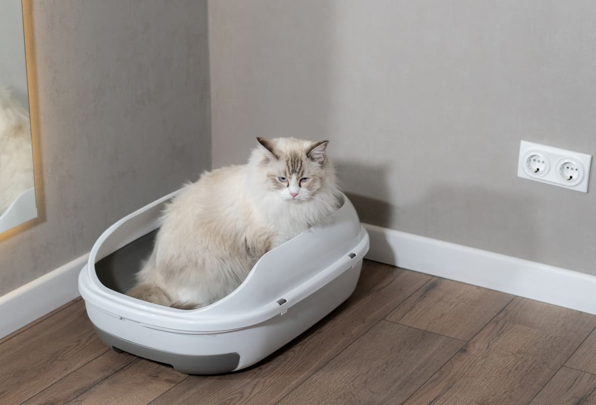 kedi tuvaletinde duran uzun tüylü kedi