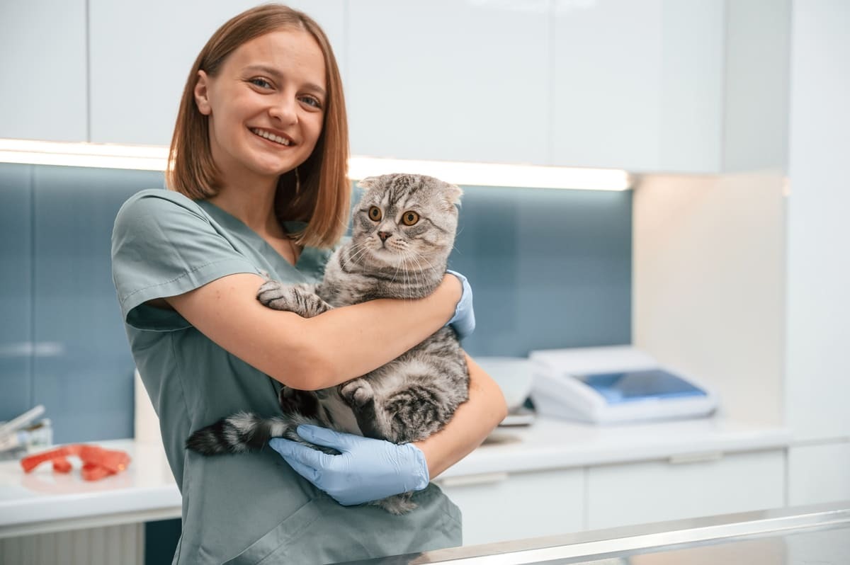 veteriner hekimin kucağında duran kedi