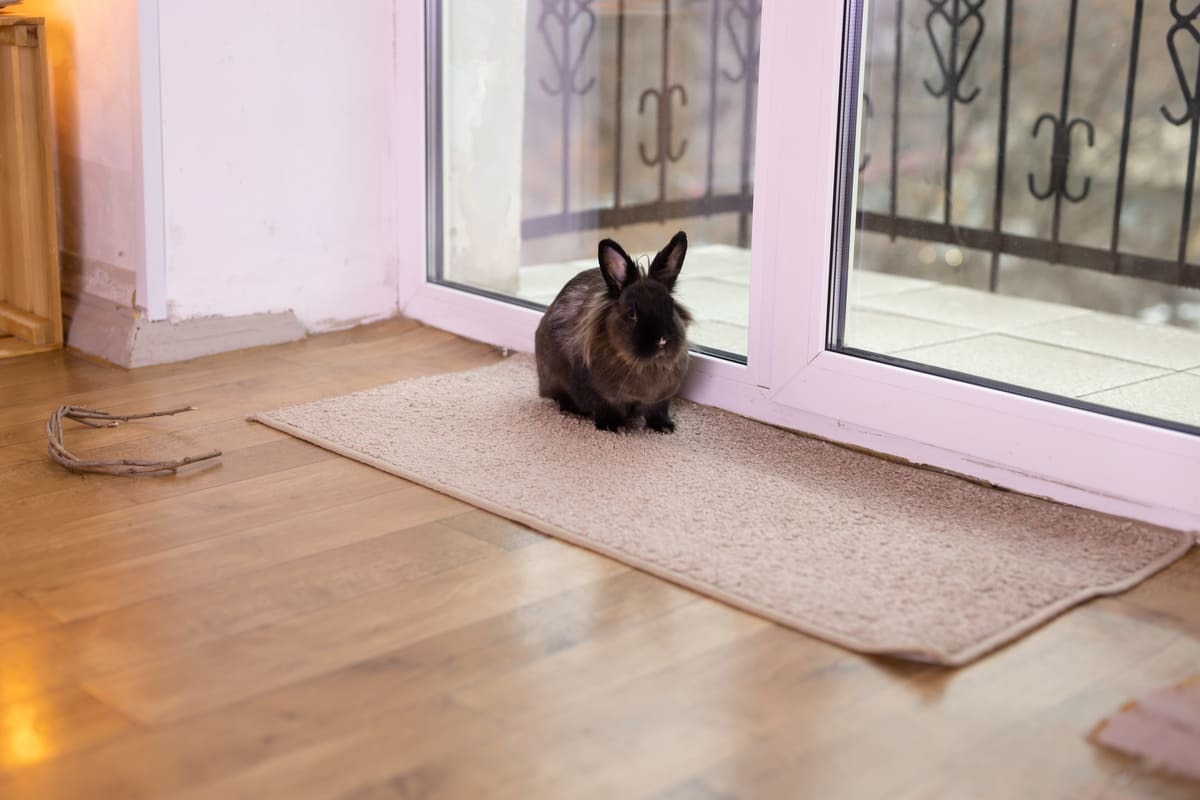 balkon kapısı önündeki paspasta oturan tavşan
