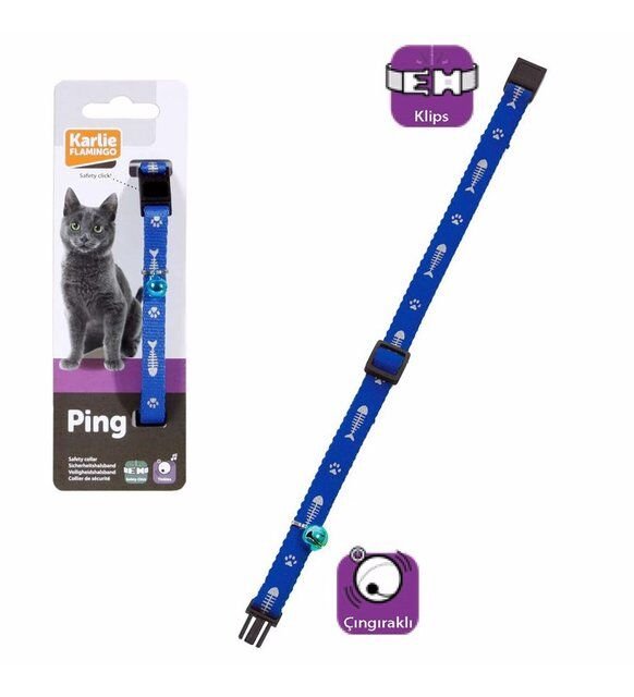 Flamingo Kedi Boyun Tasması Çıngıraklı Balık Desenli Mavi 30 CM - 1
