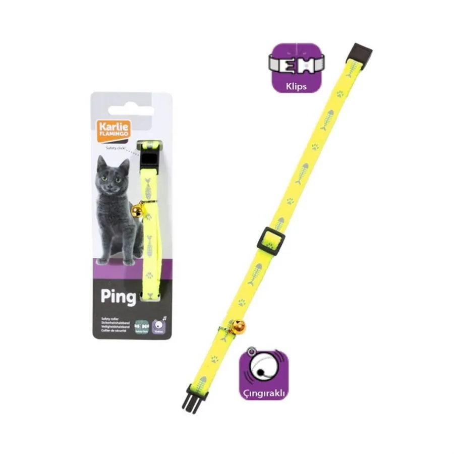Flamingo Kedi Boyun Tasması Çıngıraklı Balık Desenli Sarı 30 CM - 1