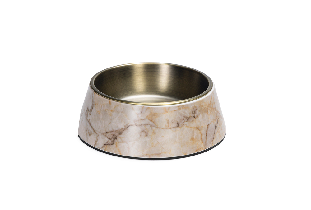 Beeztees DBL Köpek Mama Su Kabı, Mat Altın Rengi Paslanmaz Çelik, Bej Mermer Görünümlü, 22cm, 700ml - 1
