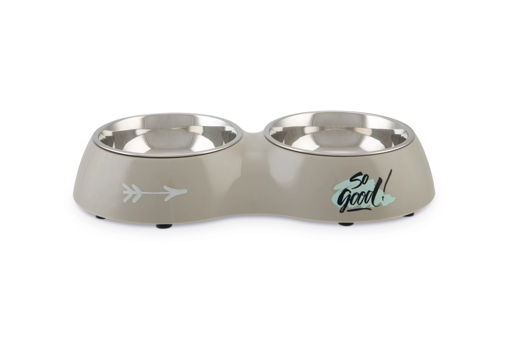 Beeztees Köpek İkili Mama ve Su Kabı, Paslanmaz Çelik, Gri, 34x17,5cm, 2x350ml - 1