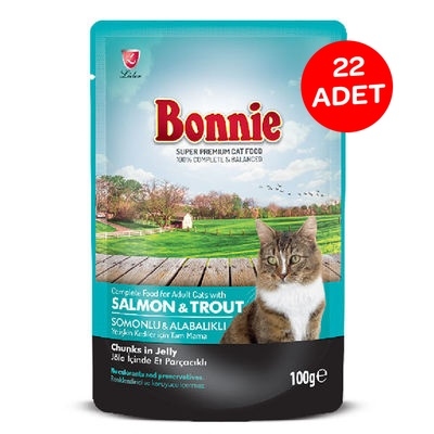 Bonnie Pouch Jelly Somonlu ve Alabalıklı Kedi Yaş Maması 85 GR X 22 Adet - 1