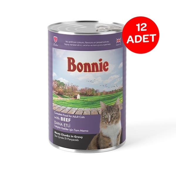 Bonnie Sos içinde Et Parçacıklı Dana Etli Yetişkin Kedi Maması 400 gr X 12 Adet - 1