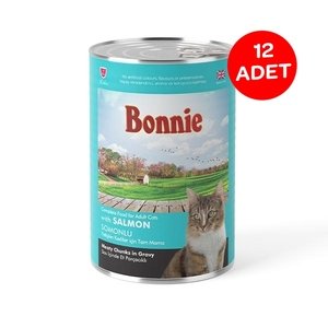 Bonnie Sos içinde Et Parçacıklı Somonlu Yetişkin Kedi Maması 400 gr X 12 Adet