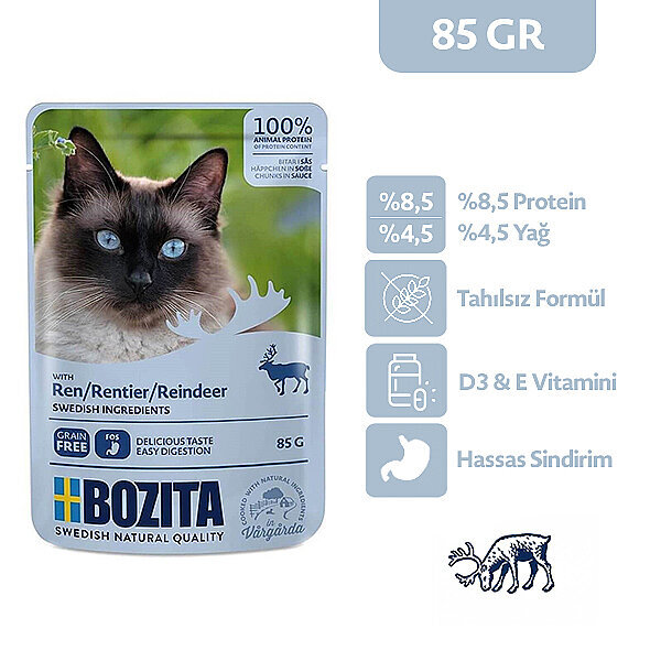 Bozita Ren Geyiği Etli Tahılsız Sos İçinde Parça Etli Yaş Kedi Maması 85 g