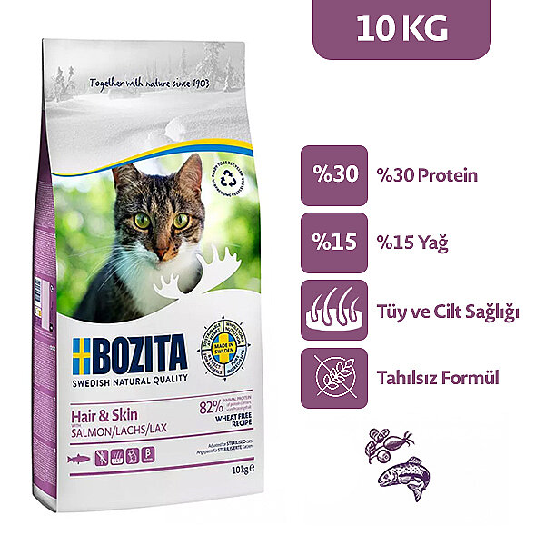 Bozita Hair Skin Tüy Sağlığı Destekleyici Tahılsız Somonlu Kedi Maması 10 KG - 1