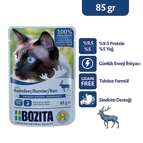 Bozita Ren Geyiği Etli Tahılsız Jöle İçinde Parça Etli Yaş Kedi Maması 85 g