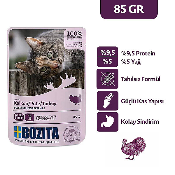 Bozita Hindi Etli Tahılsız Sos İçinde Parça Etli Yaş Kedi Maması 85 g - 1