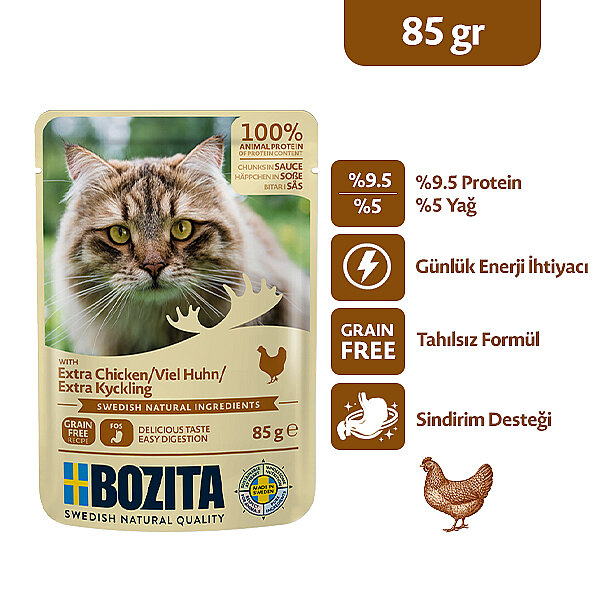 Bozita Ekstra Tavuk Etli Tahılsız Sos İçinde Parça Etli Yaş Kedi Maması 85 g - 1