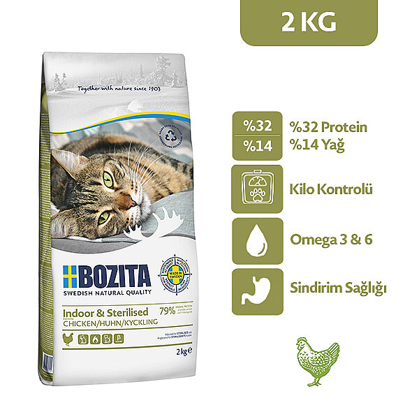 Bozita İndoor Sterilised Kısırlaştırılmış Tavuklu Kedi Maması 2 Kg - 1