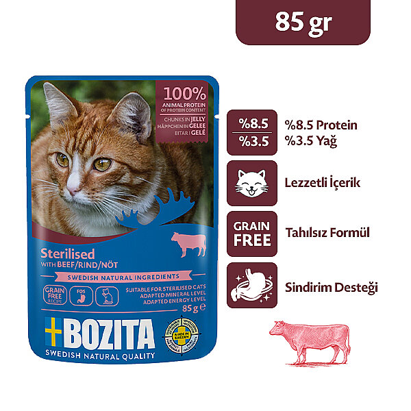 Bozita Kısırlaştırılmış Sığır Etli Jöle İçinde Parça Etli Tahılsız Yaş Kedi Maması 85 g - 1