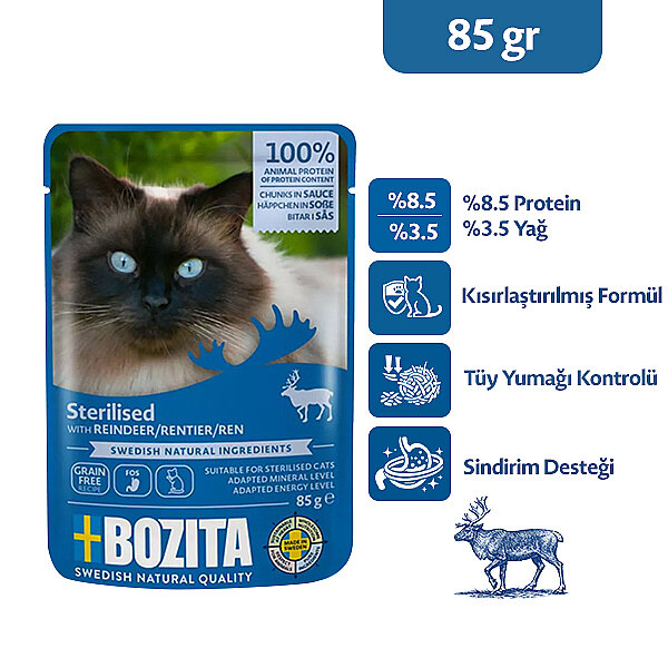 Bozita Kısırlaştırılmış Ren Geyiği Etli Tahılsız Soslu Parça Etli Yaş Kedi Maması 85 g - 1
