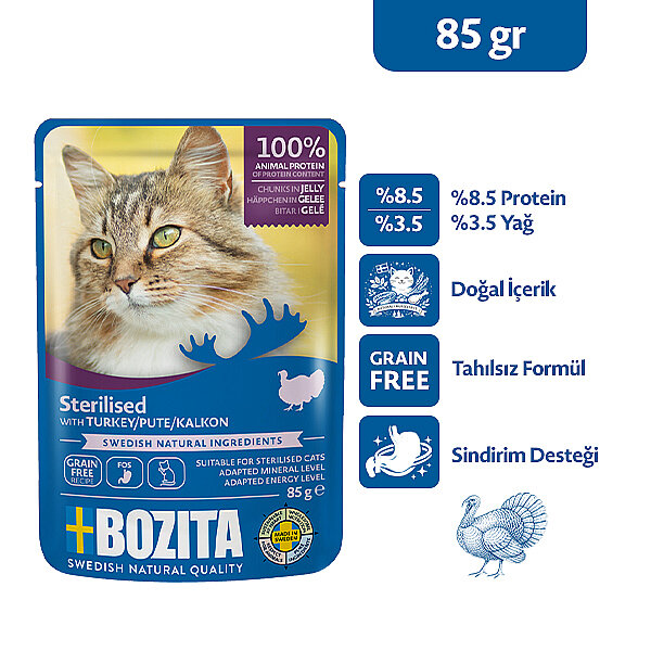 Bozita Kısırlaştırılmış Hindi Etli Jöle İçinde Parça Etli Tahılsız Yaş Kedi Maması 85 g - 1