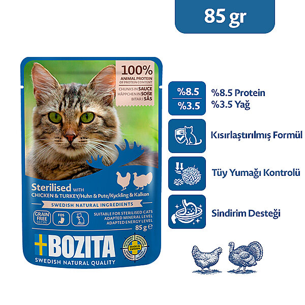 Bozita Kısırlaştırılmış Tavuk ve Hindi Etli Sos İçinde Parça Etli Tahılsız Yaş Kedi Maması 85 g - 1