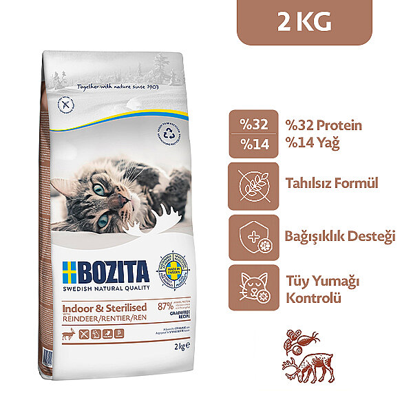 Bozita İndoor  Sterilised Kısırlaştırılmış Tahılsız Geyik Etli Kedi Maması 2 Kg - 1