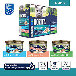 Bozita Okyanus Karışımı Ton Balıklı, Somonlu ve Mezgitli Tahılsız Kedi Konservesi 12x85 gr