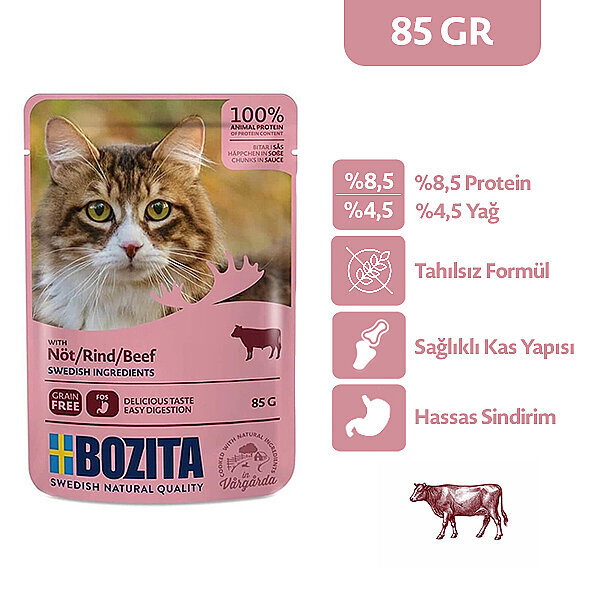 Bozita Sığır Etli Tahılsız Sos İçinde Parça Etli Yaş Kedi Maması 85 g