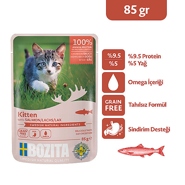 Bozita Somon Etli Tahılsız Sos İçinde Parça Etli Yaş Yavru Kedi Maması 85 g - 1