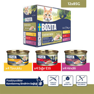 Bozita Tahılsız Tavuklu, Sığır Etli ve Hindili Tahılsız Kedi Konservesi 12x85 gr