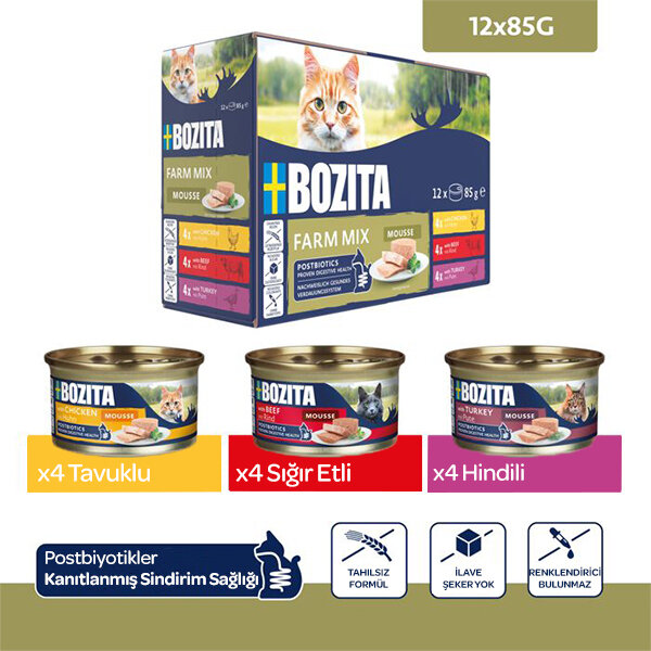 Bozita Tahılsız Tavuklu, Sığır Etli ve Hindili Tahılsız Kedi Konservesi 12x85 gr - 1
