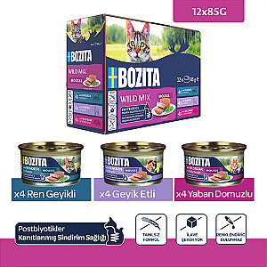 Bozita Tahılsız Yaban Karışımı Ren Geyiği, Av Eti ve Yaban Domuzlu Tahılsız Kedi Konservesi 12x85 gr
