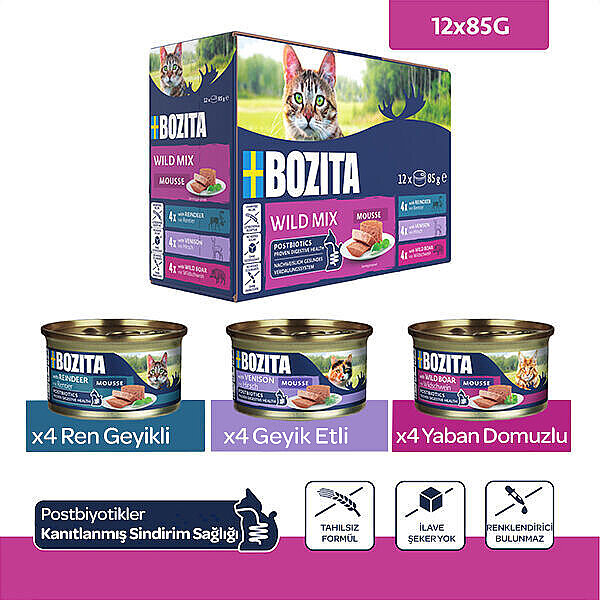 Bozita Tahılsız Yaban Karışımı Ren Geyiği, Av Eti ve Yaban Domuzlu Tahılsız Kedi Konservesi 12x85 gr - 1