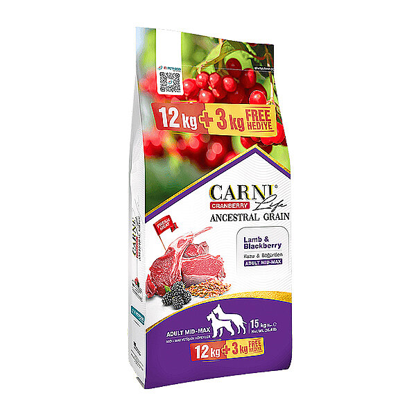 Carni Life Cranberry Ancestral Grain Kuzu Etli ve Böğürtlenli Orta ve Büyük Irk Yetişkin Köpek Maması 12 + 3 kg - 1