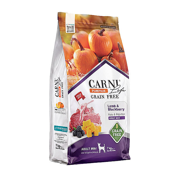 Carni Life Pumpkin Tahılsız Kuzu Etli ve Böğürtlenli Mini Irk Yetişkin Köpek Maması 7 kg