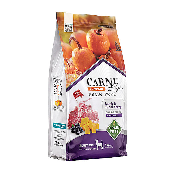 Carni Life Pumpkin Tahılsız Kuzu Etli ve Böğürtlenli Mini Irk Yetişkin Köpek Maması 7 kg - 1
