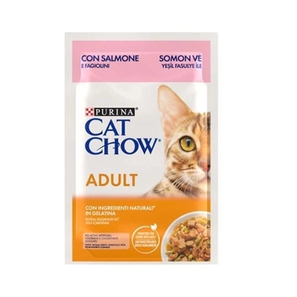 Cat Chow Pouch Jöle İçinde Somonlu ve Yeşil Fasulyeli Yetişkin Kedi Konservesi 85gr - 2