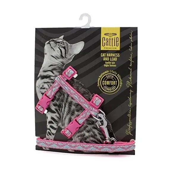 CATTİE DESENLİ KEDİ GÖĞÜS & GEZDİRME TAKIMI PEMBE 1X25-40CM - 1