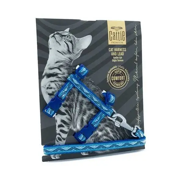 CATTİE DESENLİ KEDİ GÖĞÜS & GEZDİRME TAKIMI ROYALMAVİ 1X25-40CM - 1