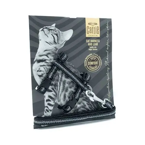CATTİE DESENLİ KEDİ GÖĞÜS & GEZDİRME TAKIMI SİYAH 1X25-40CM - 1