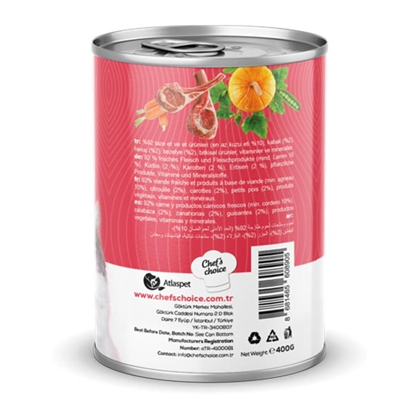 Chef's Choice Kuzu Etli, Bal Kabaklı, Bezelyeli ve Havuçlu Tahılsız Ezme Yetişkin Kedi Yaş Maması 400 g - 2