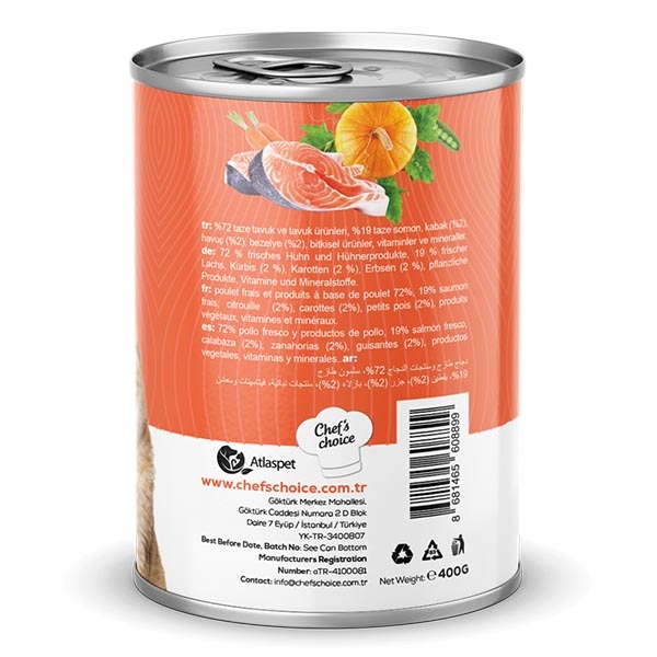 Chef's Choice Somonlu, Bal Kabaklı, Bezelyeli ve Havuçlu Tahılsız Ezme Yetişkin Kedi Yaş Maması 400 g - 2