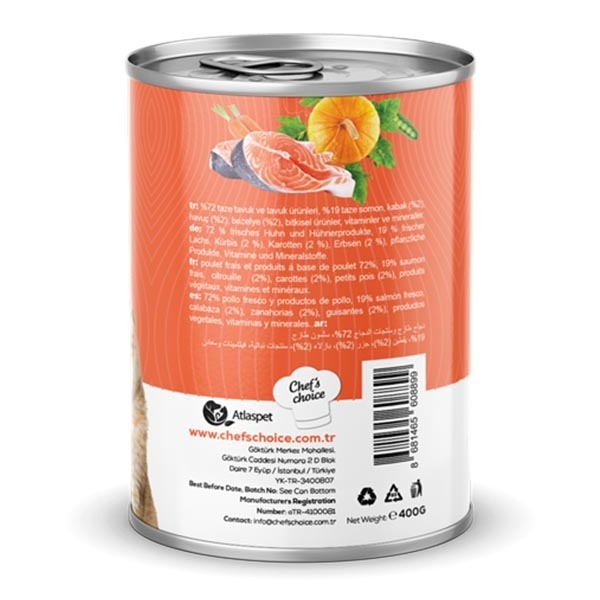 Chef's Choice Somonlu, Bal Kabaklı, Bezelyeli ve Havuçlu Tahılsız Ezme Yetişkin Kedi Yaş Maması 400 g - 3