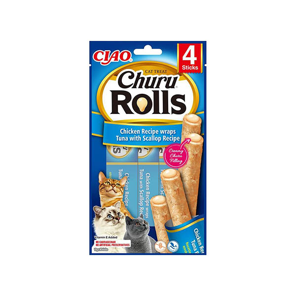 Ciao Churu Rolls Sticks Deniz Taraklı, Tavuk Sargılı ve Ton Balıklı Kedi Ödül Maması 4 x 10 Gr - 1