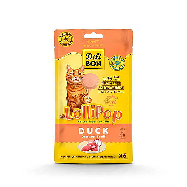 Delibon Dondurularak Kurutulmuş Ördekli Lolipop Kedi Ödülü x 6 Adet - 1
