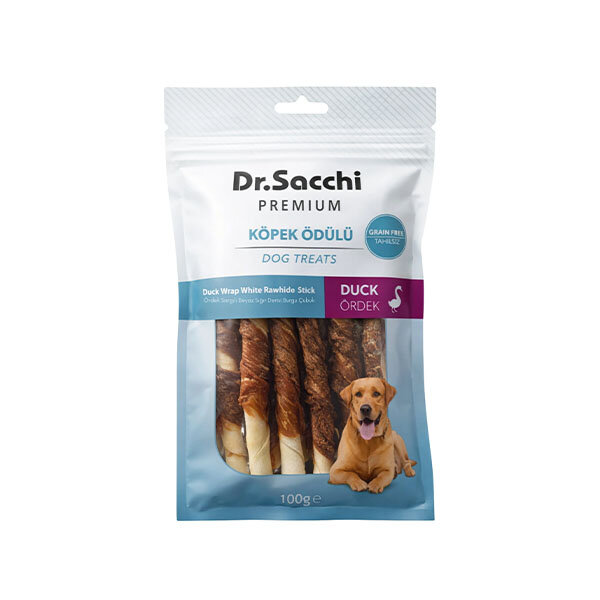 Dr.Sacchi Premium Ördek Sargılı Beyaz Sığır Derisi Burgu Çubuk Tahılsız Köpek Ödülü 5'' (10'lu) 100 g - 1