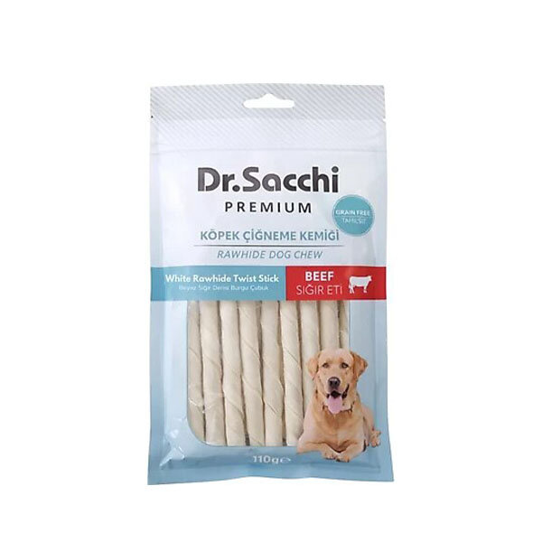 Dr.Sacchi Premium Sığır Etli Beyaz Sığır Derisi Burgu Çubuk Tahılsız Köpek Ödülü 5'' (15'li) 110 g - 1