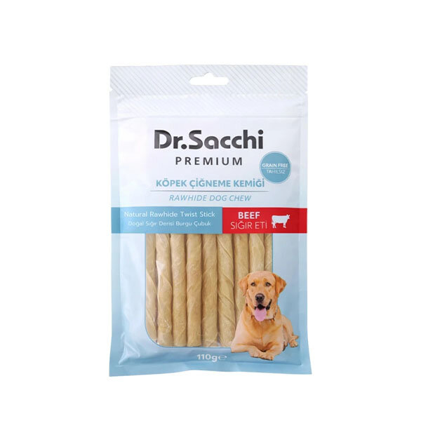 Dr.Sacchi Premium Sığır Etli Doğal Sığır Derisi Burgu Çubuk Tahılsız Köpek Ödülü 5'' (15'li) 110 g - 1