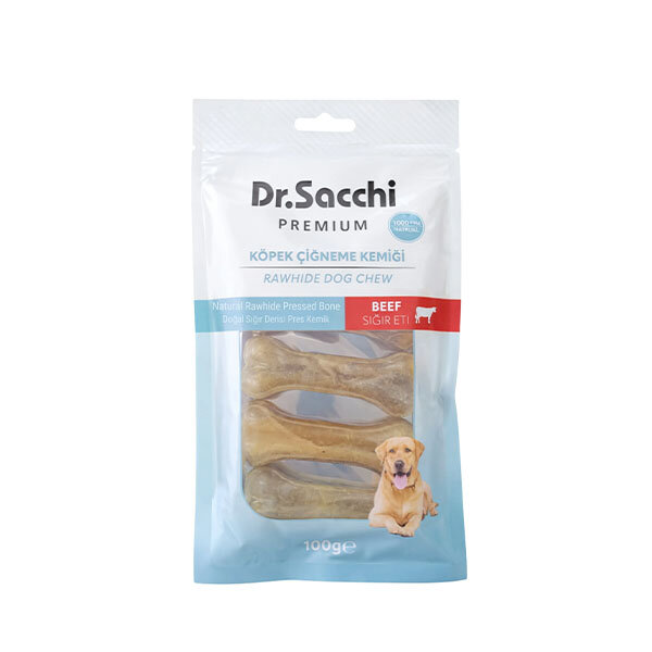 Dr.Sacchi Premium Sığır Etli Doğal Sığır Derisi Press Kemik Tahılsız Köpek Ödülü 3'' (5'li) 100 g - 1