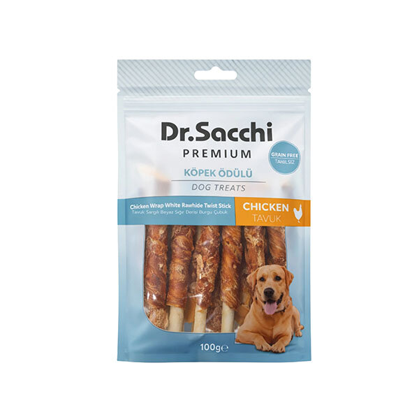 Dr.Sacchi Premium Tavuk Sargılı Beyaz Sığır Derisi Burgu Çubuk Tahılsız Köpek Ödülü 10'lu 100 Gr - 1