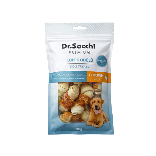 Dr.Sacchi Premium Tavuk Sargılı Beyaz Sığır Derisi Düğüm Kemik Tahılsız Köpek Ödülü 8'li 100 gr - 1
