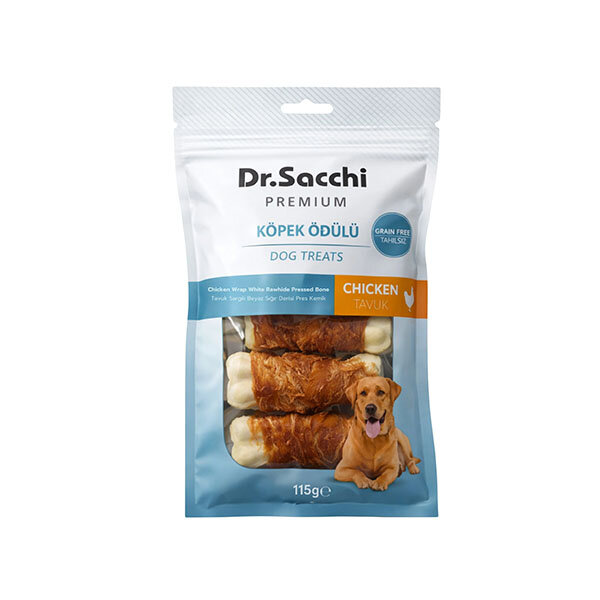 Dr.Sacchi Premium Tavuk Sargılı Beyaz Sığır Derisi Pres Kemik Tahılsız Köpek Ödülü 3'' (5'li) 115 g - 1