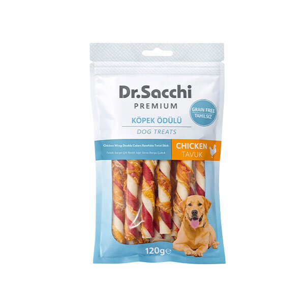 Dr.Sacchi Premium Tavuk Sargılı Çift Renkli Sığır Derisi Burgu Çubuk Tahılsız Köpek Ödülü 5'' (10'lu) 120 g - 1